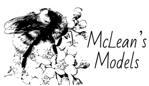 Logo of a bumblebee on a plum flower. This logo is used to designate models made by McLean Gunderson. 