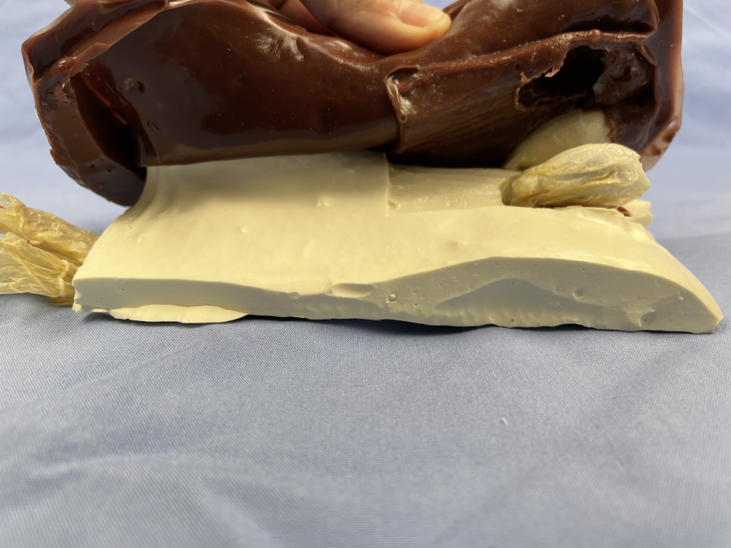 Removal of the skin exposes the testicles within the base. 